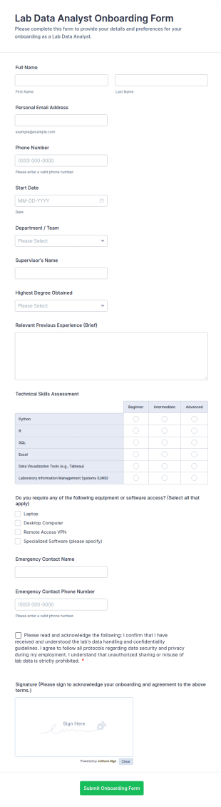 Lab Data Analyst Onboarding Form Template