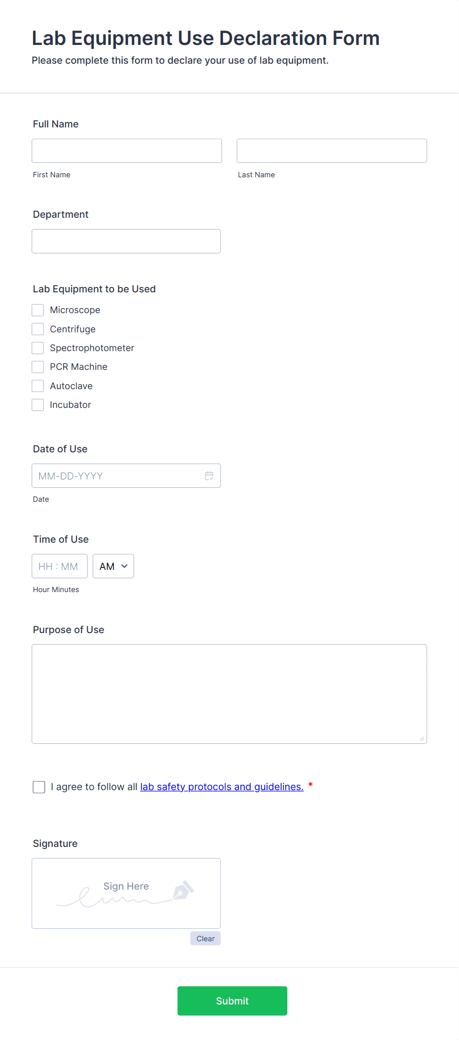 Lab Equipment Use Declaration Form Template | Jotform