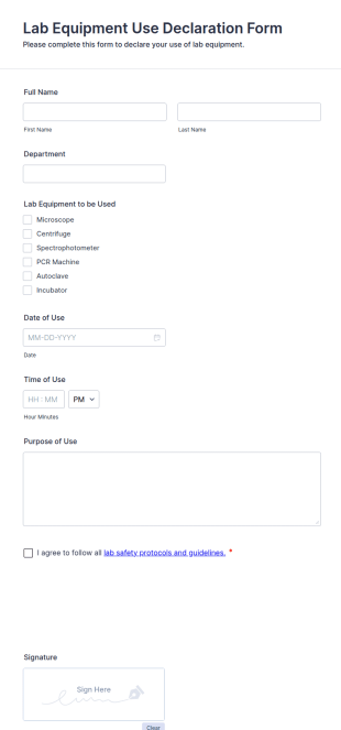 Lab Equipment Use Declaration Form Template