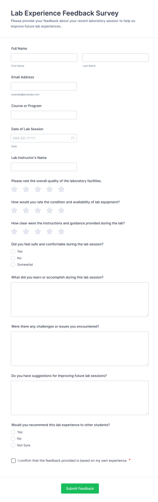 Lab Experience Feedback Survey Form Template