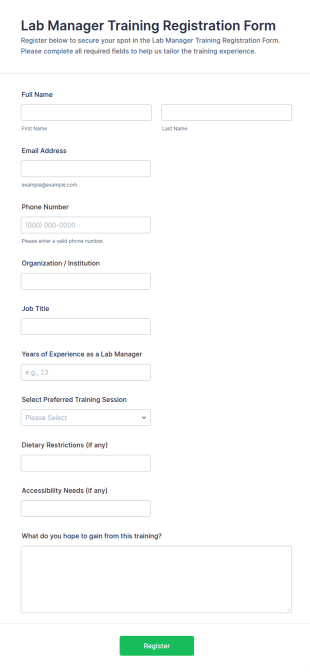 Lab Manager Training Registration Form Template