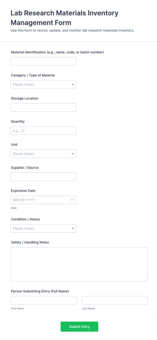 Lab Research Materials Inventory Management Form Template