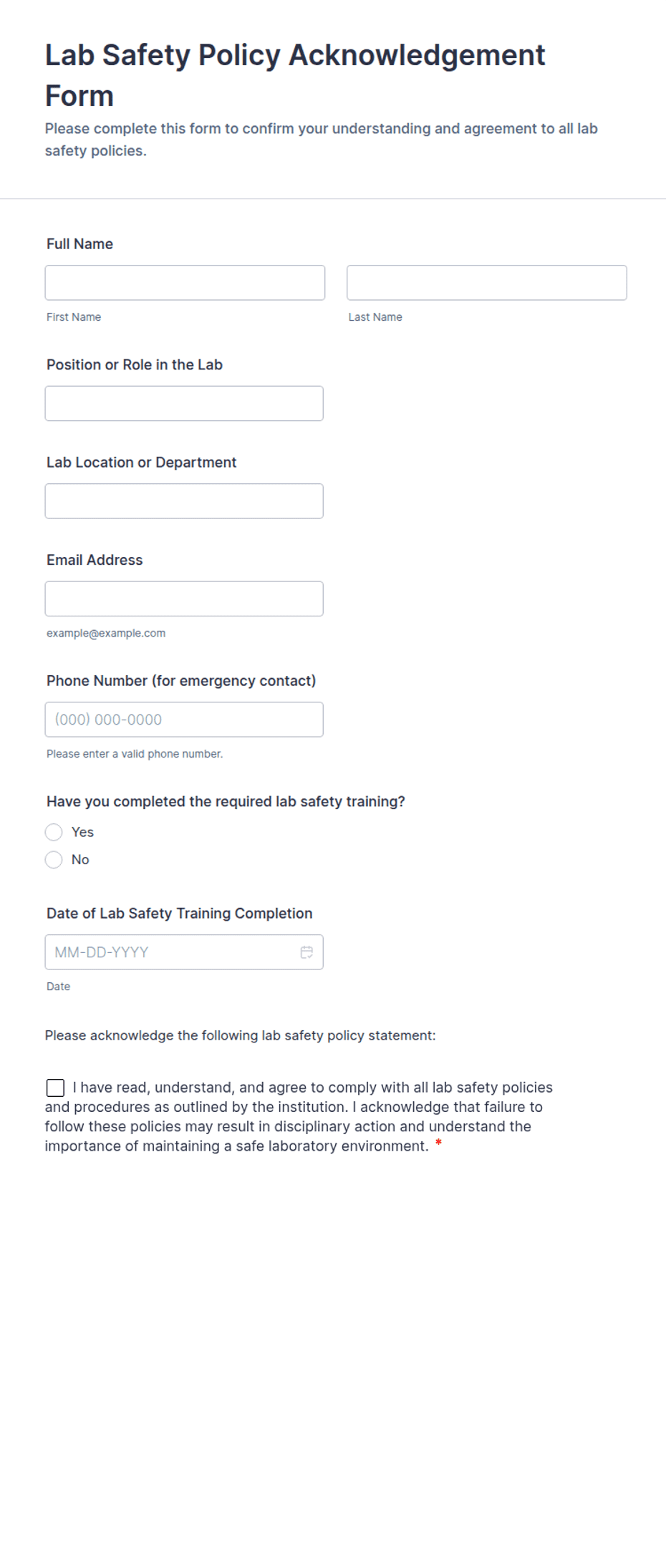 Lab Safety Policy Acknowledgement Form Template | Jotform