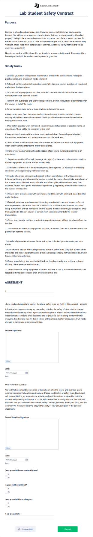 Lab Student Safety Contract CCSD Form Template