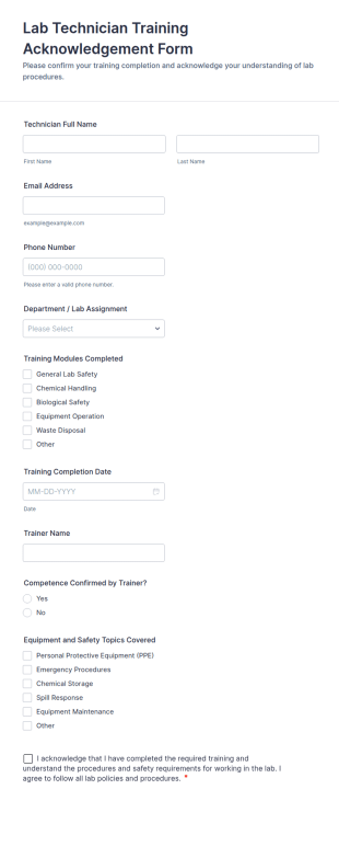 Lab Technician Training Acknowledgement Form Template