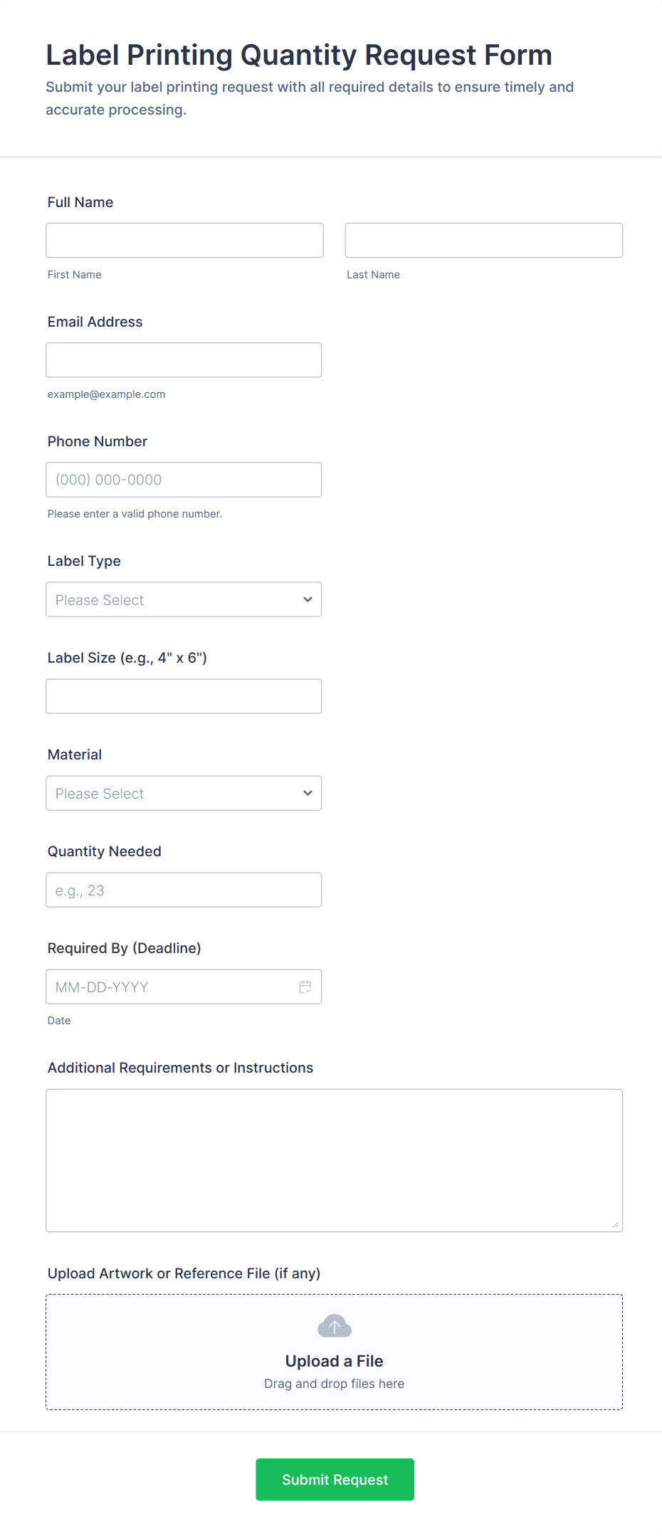 Label Printing Quantity Request Form Template | Jotform
