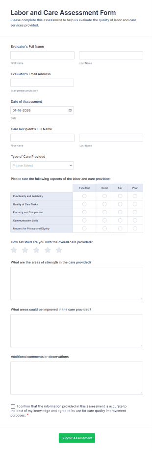 Labor And Care Assessment Form Template