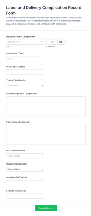 Labor And Delivery Complication Record Form Template