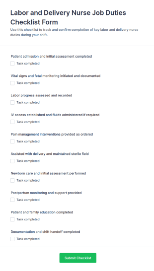 Labor And Delivery Nurse Job Duties Checklist Form Template