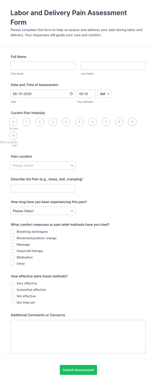 Labor And Delivery Pain Assessment Form Template