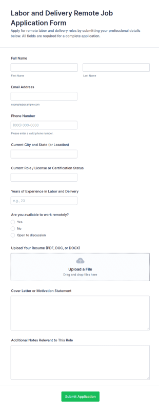 Labor And Delivery Remote Job Application Form Template