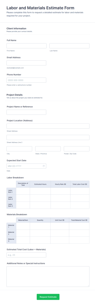 Labor And Materials Estimate Form Template