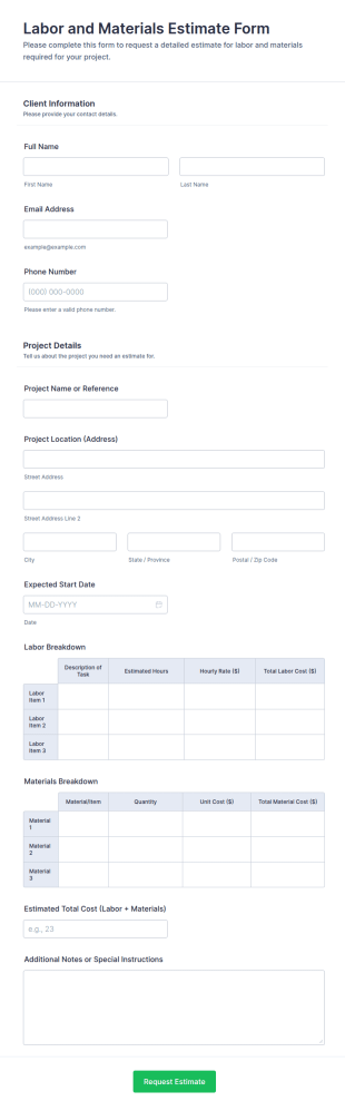 Labor And Materials Estimate Form Template