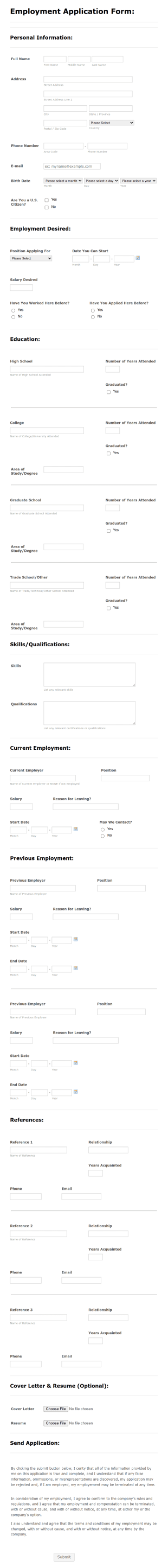 Labor Application Form Template
