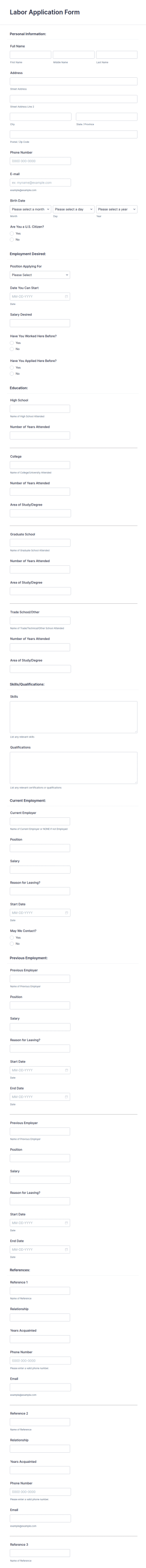 Labor Application Form Template