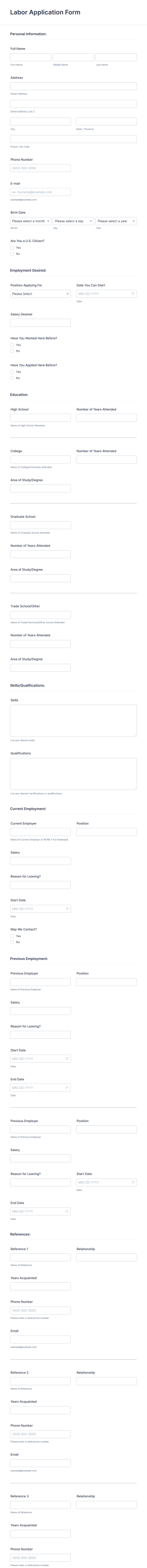 Labor Application Form Template