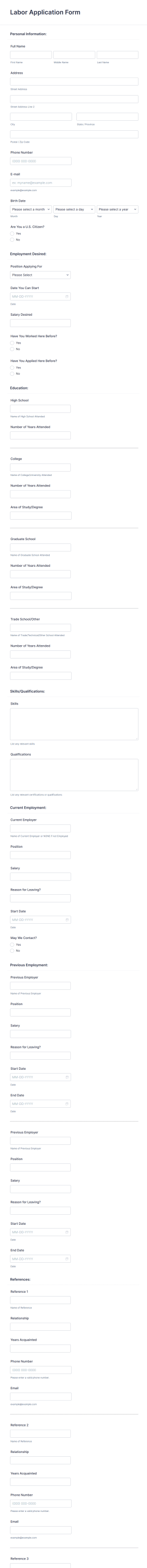 Labor Application Form Template