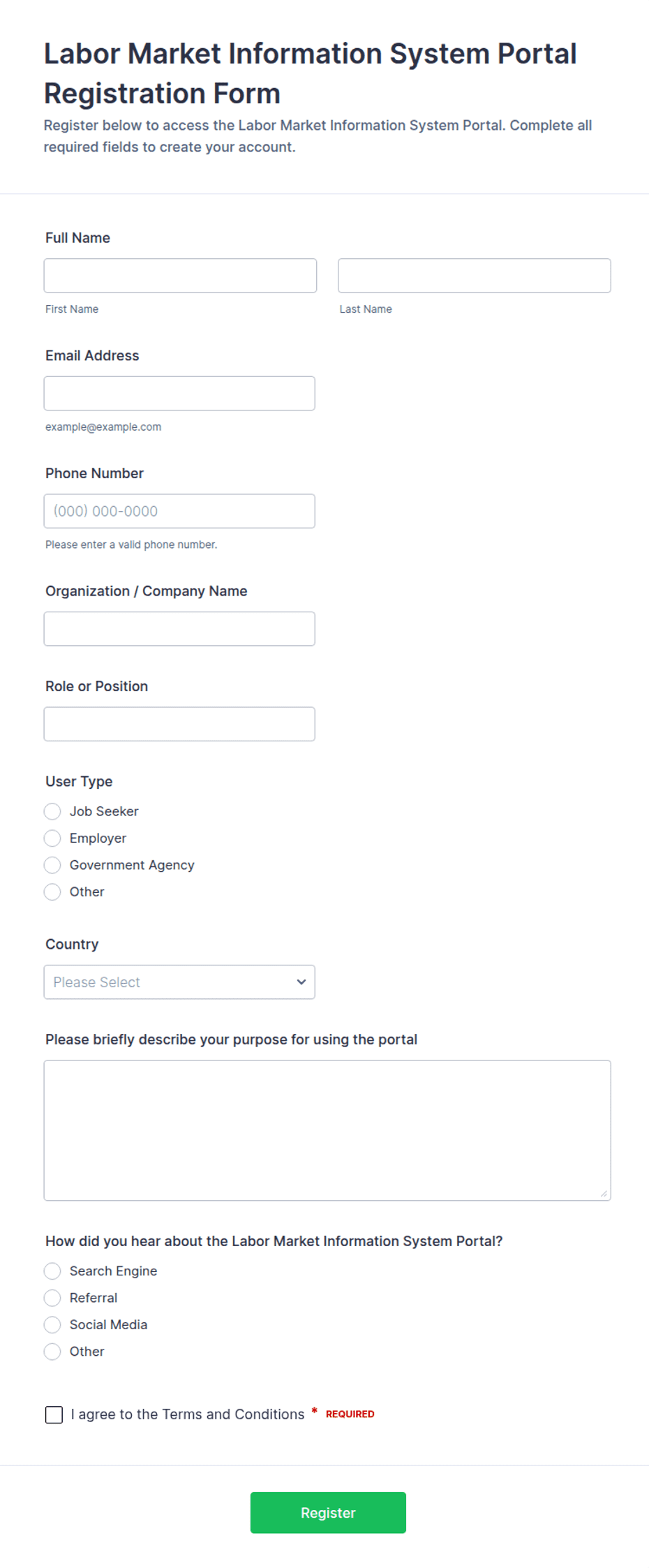 Labor Market Information System Portal Registration Form Template | Jotform