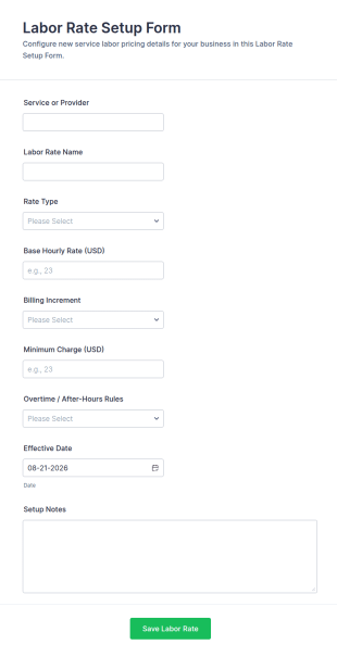 Labor Rate Setup Form Template