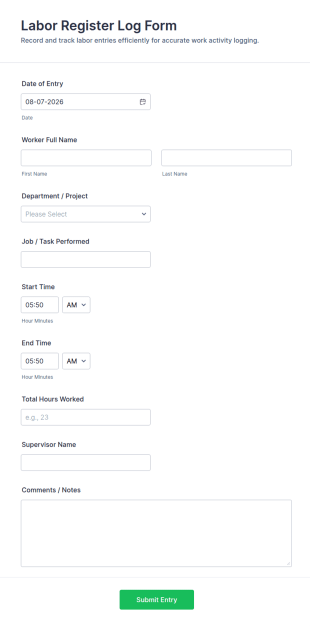 Labor Register Log Form Template