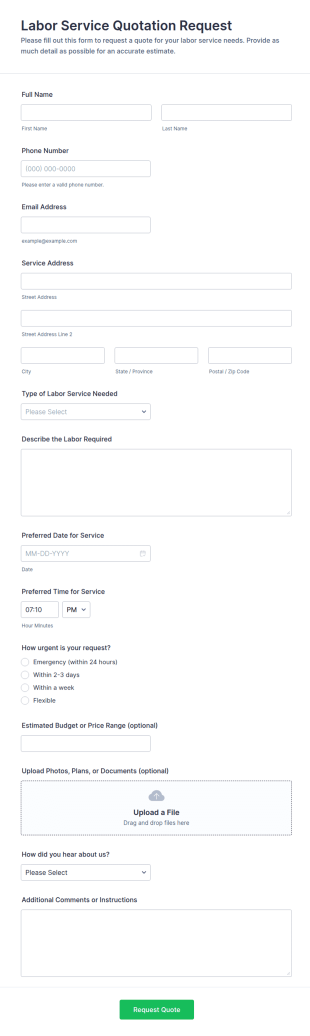Labor Service Quotation Form Template