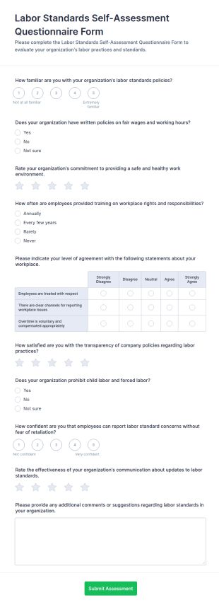 Labor Standards Self Assessment Questionnaire Form Template