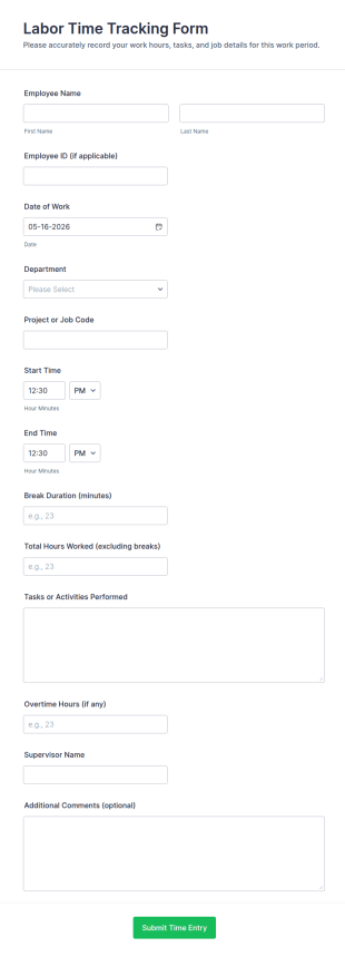 Labor Time Tracking Form Template