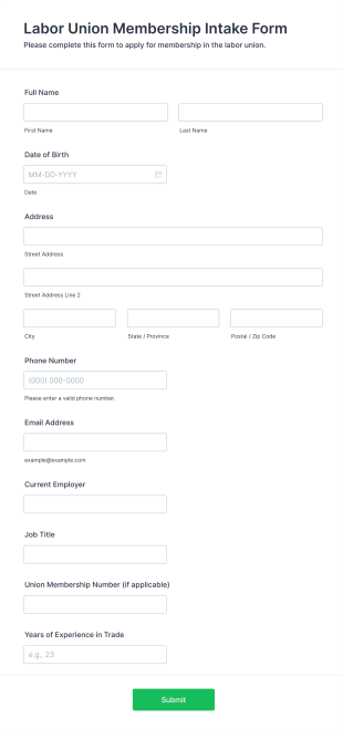 Labor Union Membership Intake Form Form Template