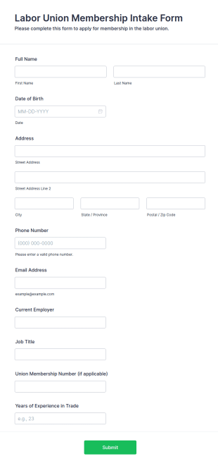 Labor Union Membership Intake Form Template