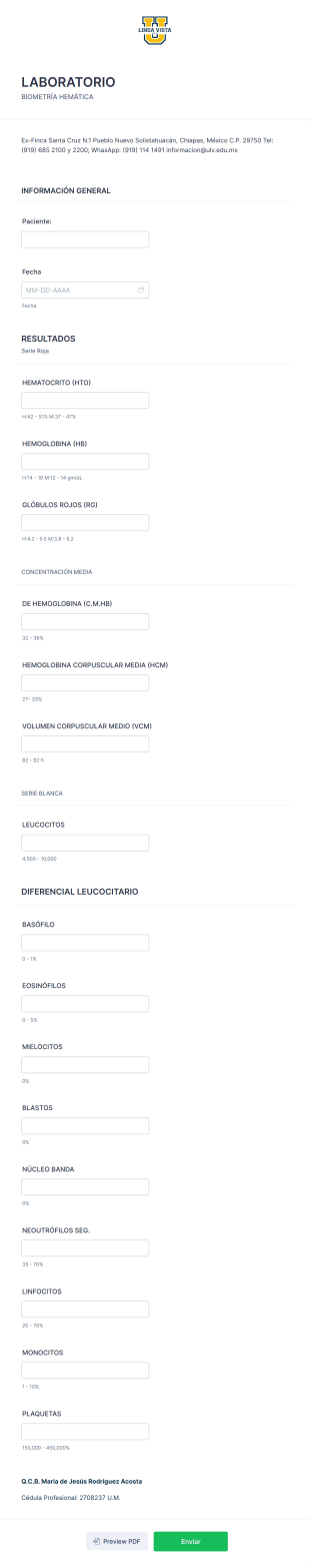 Laboratorio Biometría Hemática Form Template