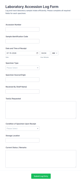 Laboratory Accession Log Form Template