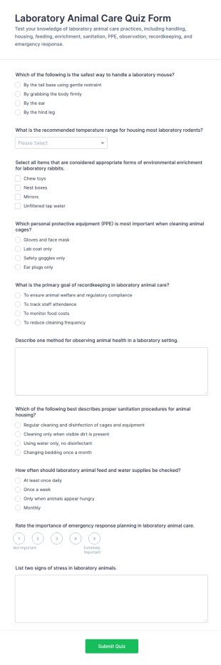 Laboratory Animal Care Quiz Form Template