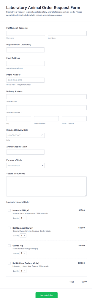 Laboratory Animal Order Request Form Template