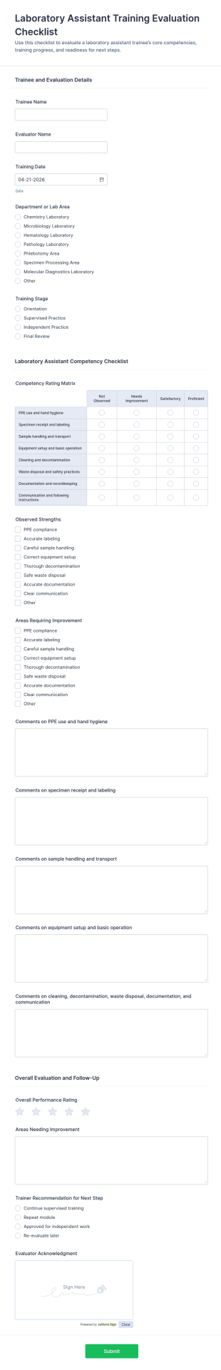 Laboratory Assistant Training Evaluation Checklist Form Template
