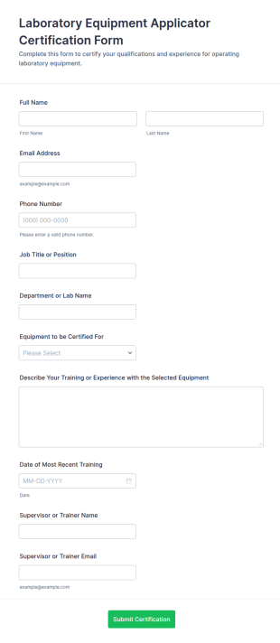Laboratory Equipment Applicator Certification Form Template