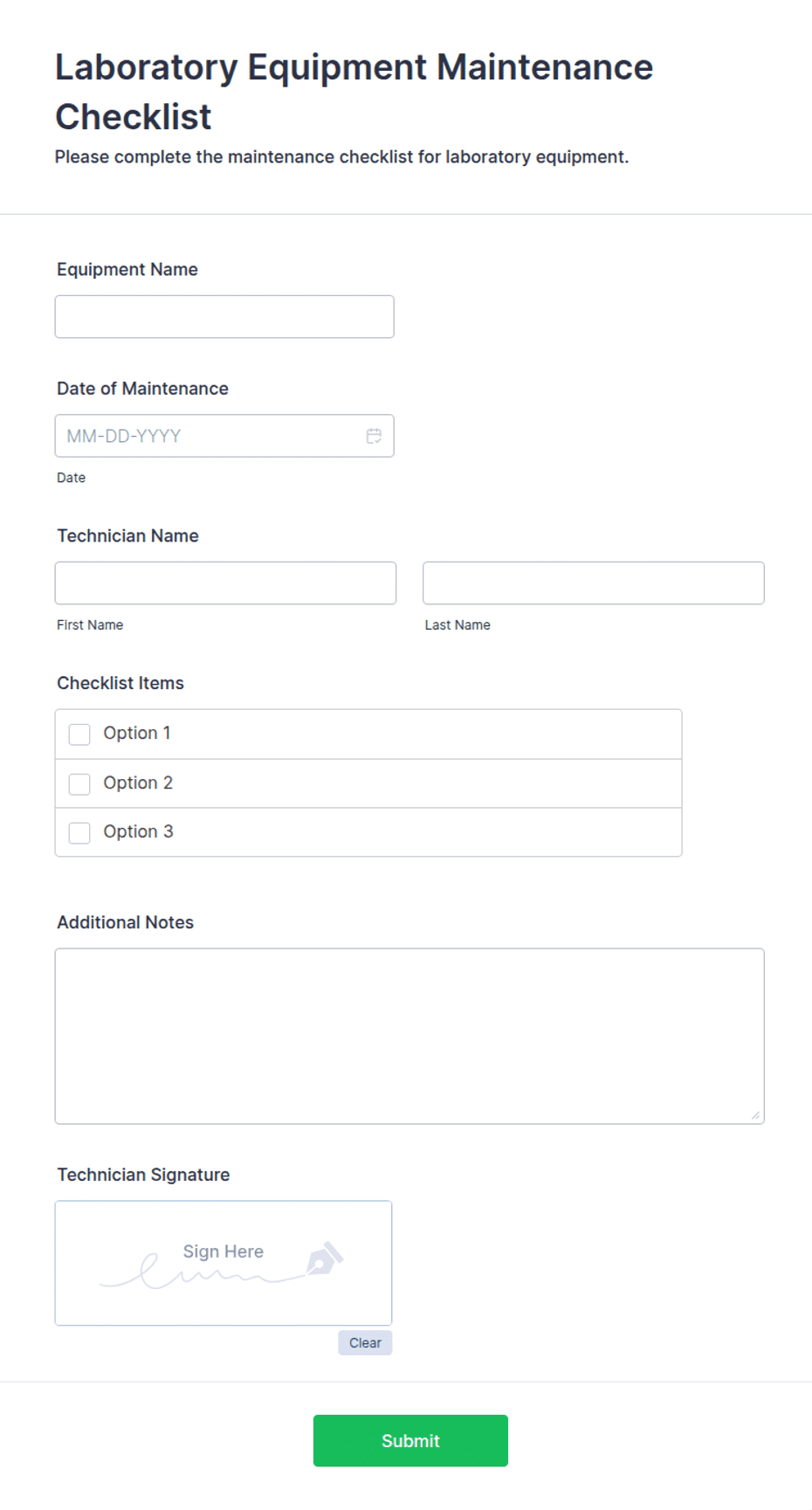 Laboratory Equipment Maintenance Checklist Form Template | Jotform