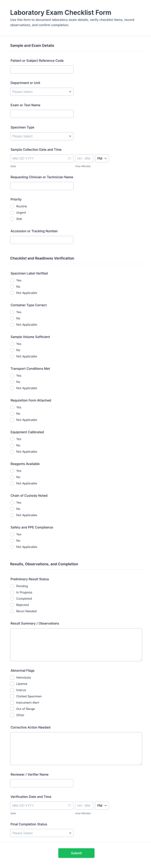Laboratory Exam Checklist Form Template