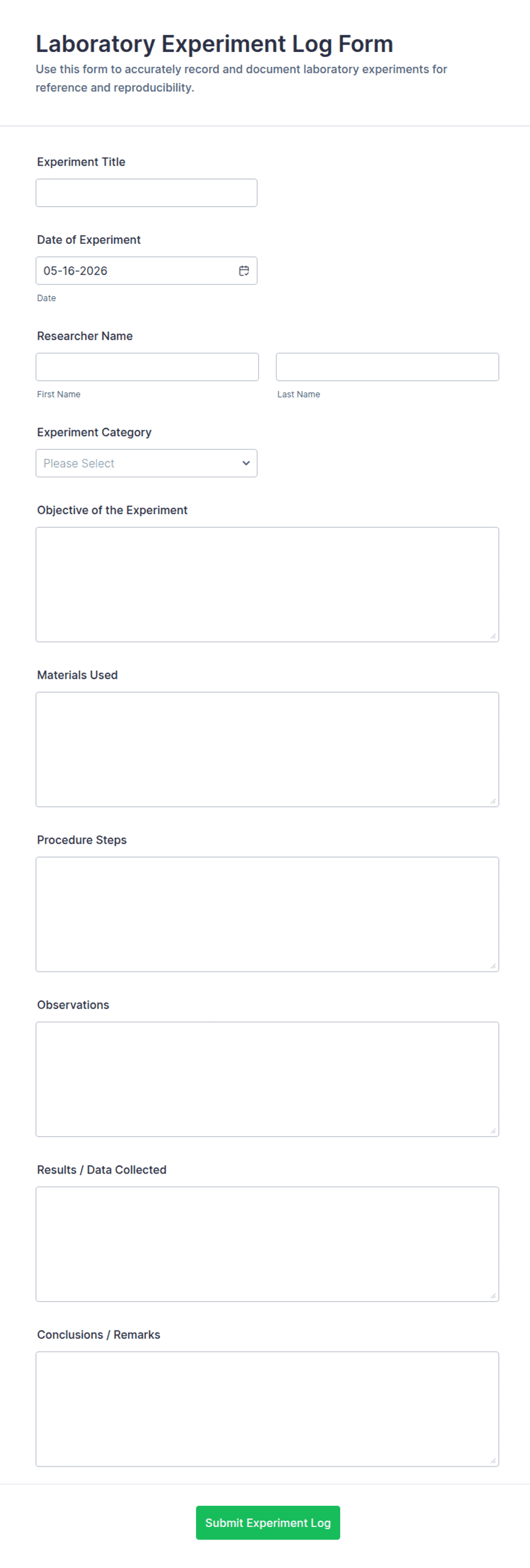 Write Lab Log Laboratory Experiment Log Form Template | Jotform