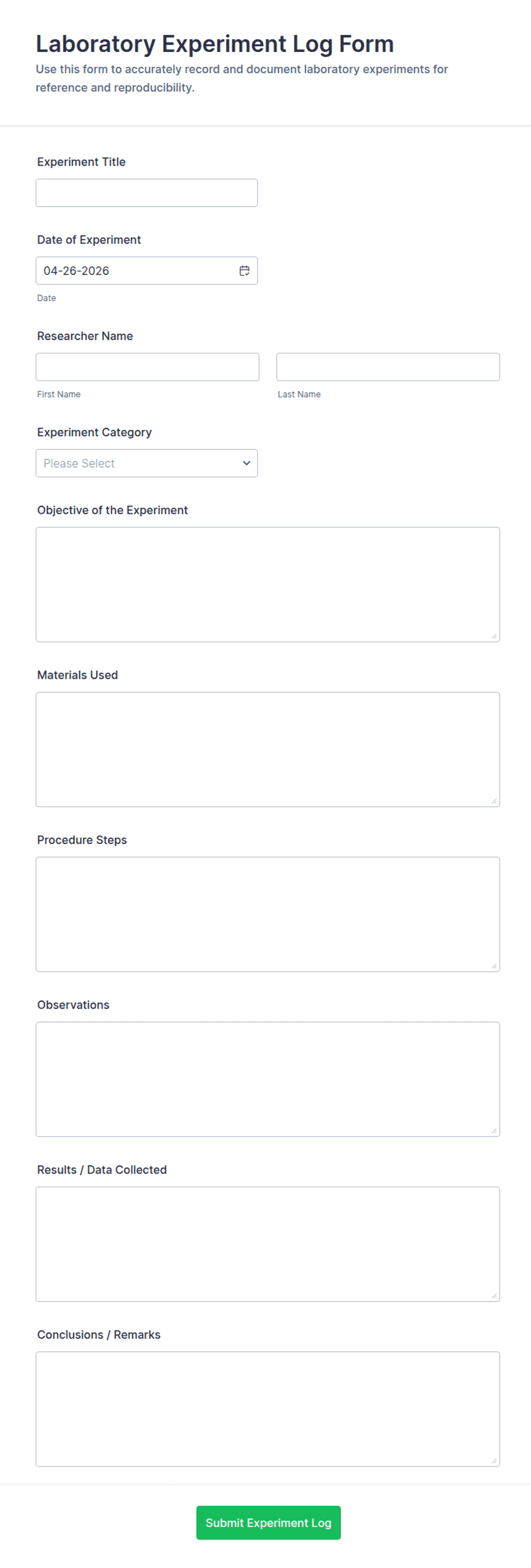 Laboratory Experiment Log Form Template | Jotform
