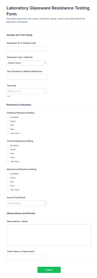 Laboratory Glassware Resistance Testing Form Template