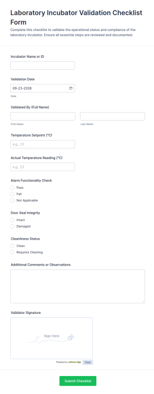 Laboratory Incubator Validation Checklist Form Template