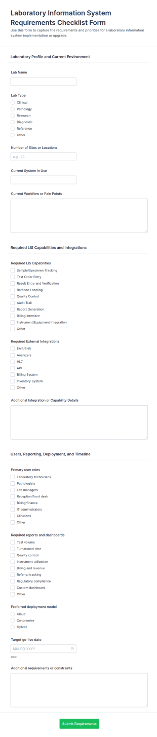 Laboratory Information System Requirements Checklist Form Template