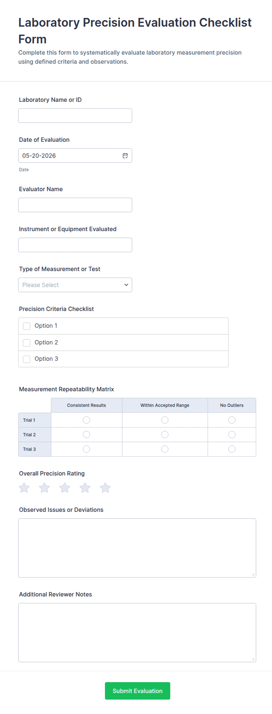 Laboratory Precision Evaluation Checklist Form Template | Jotform