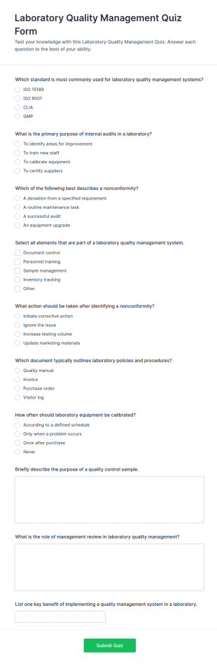 Laboratory Quality Management Quiz Form Template
