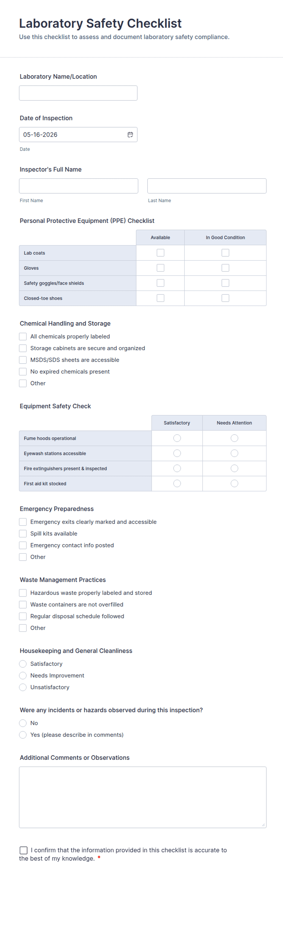 Laboratory Safety Checklist Form Template | Jotform