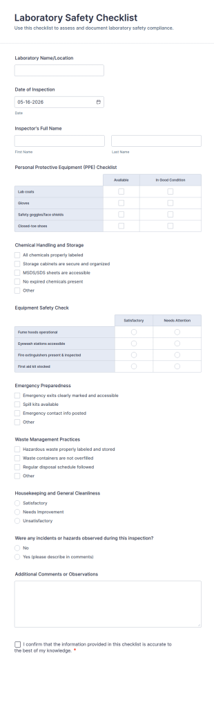 Laboratory Safety Checklist Form Template