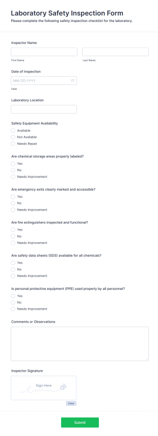 Laboratory Safety Inspection Form Template