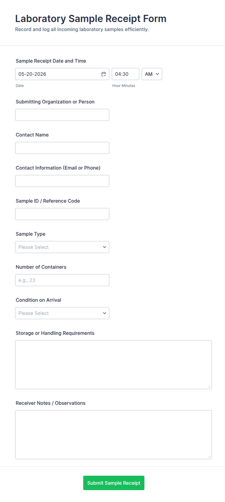 Laboratory Sample Receipt Form Template | Jotform