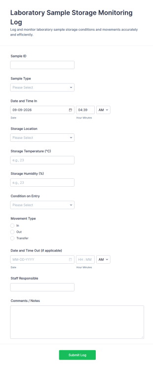 Laboratory Sample Storage Monitoring Log Form Template
