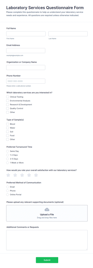 Laboratory Services Questionnaire Form Template